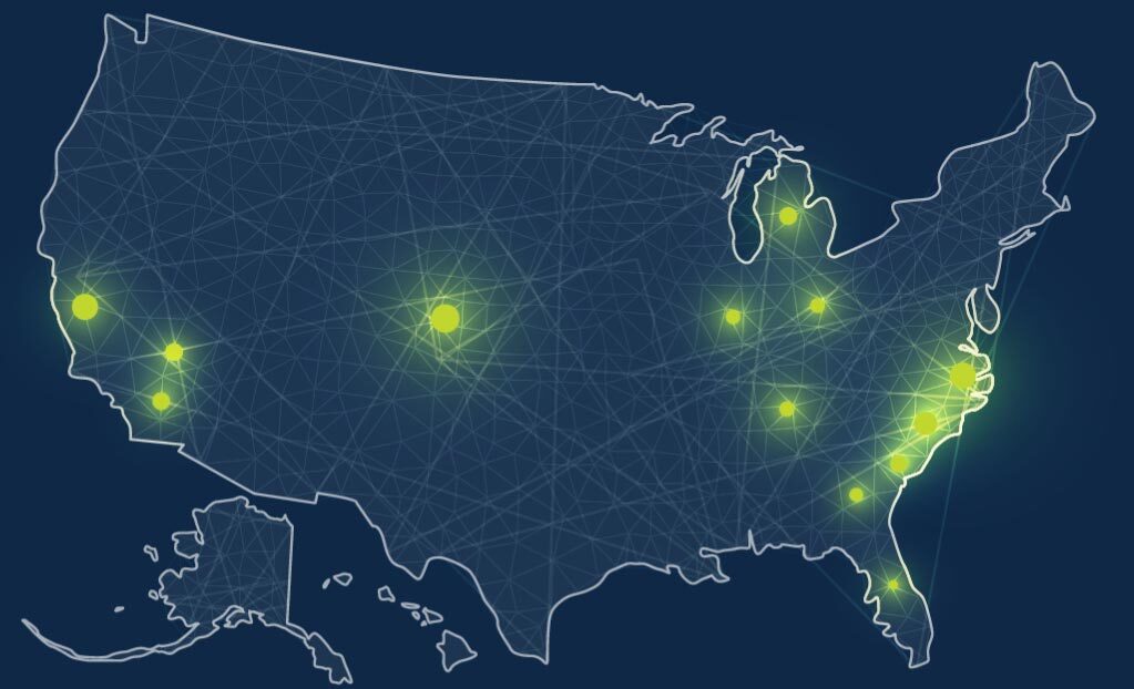Map of United States displaying states of residence for all MLS alumni and currently enrolled MLS students.